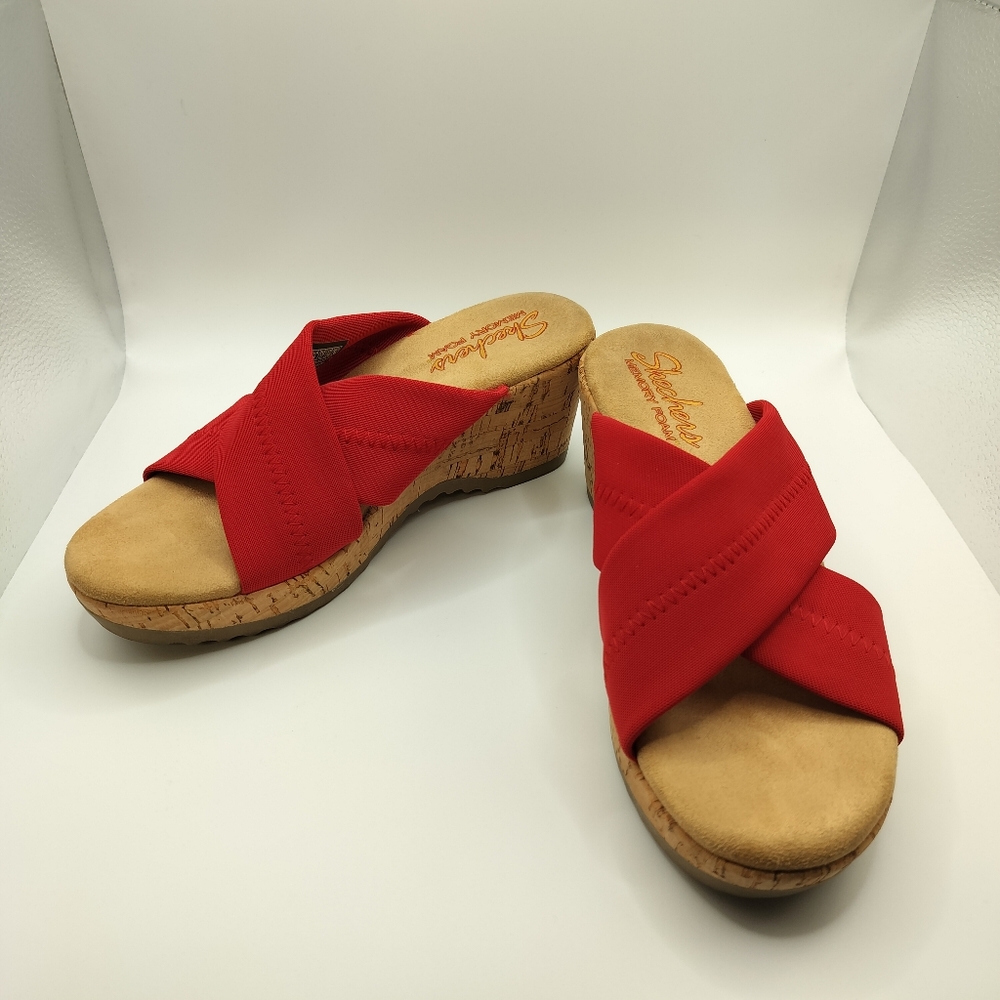2/$30 Skechers Red Tan Wedge Cross‎ Strap Slip On Sandals Womens Size 7 Summer
